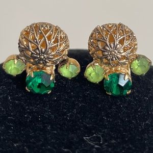 Vintage Green and Gold Clip on Earrings